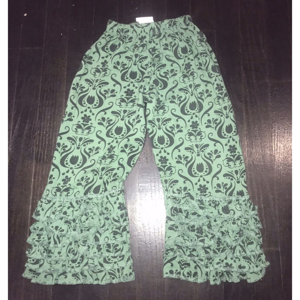 Jelly The Pug girls cropped ruffle pants Green Black Toddler Girls 4T Boho Print